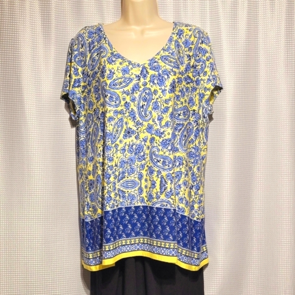Westport 1962 Short Sleeve Blue & Yellow Paisley Floral Print Top (XL)